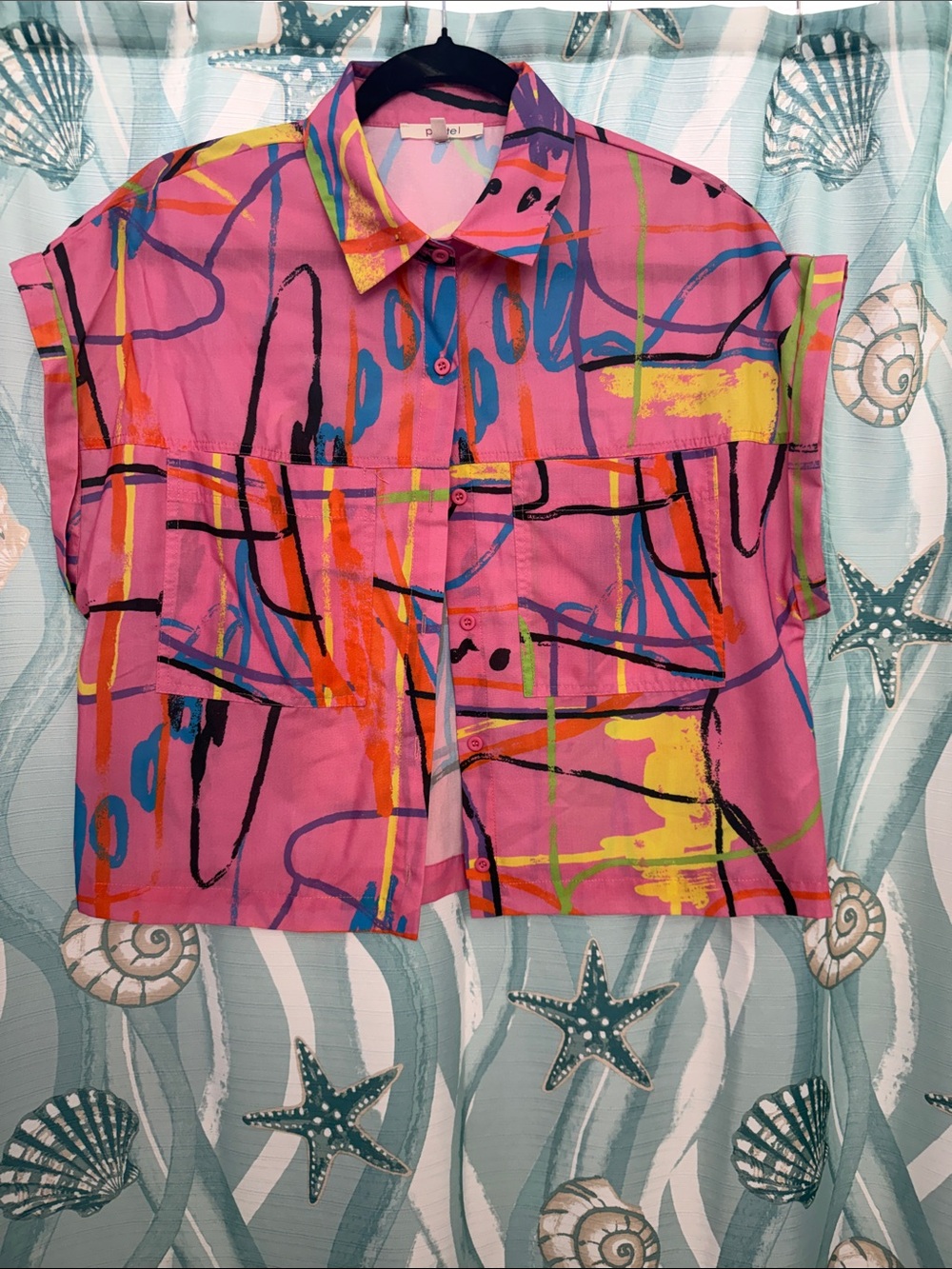 Pastels Pink Multicolor Abstract Button-Up Shirt